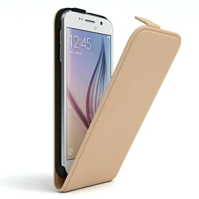 Abbildung von EAZY Case Hülle kompatibel mit Samsung Galaxy S6 Flip Cover zum Aufklappen, Handyhülle aufklappbar, Schutzhülle, Flipcover, Flipcase, Flipstyle vertikal klappbar, aus Kunstleder, Hellbraun