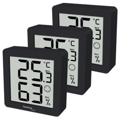 Abbildung von 3er Set WS9425 schwarz, Thermometer, Hygrometer, extra klein, Magnethalterung, 3 x in einer Verpackung