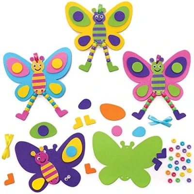 Abbildung von Baker Ross FC831 Moosgummi Schmetterling Bastelset mit Perlen 5er Pack, Set für Kinder zum Basteln und Dekorieren, Ideal Kindergeburtstag Basteln, Blau,Gelb,Grün,Lila, Mittel