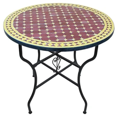 Abbildung von Saharashop Mediterraner Mosaiktisch Rund Ø 80 cm Bordeaux Gelb, Terrassentisch, Gartentisch, Fliesentisch, Beistelltisch Handarbeit, Balkontisch Bistrotisch Kaffeetisch