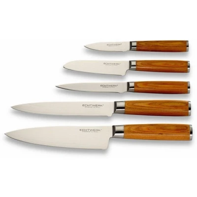 Abbildung von Echtwerk Damastmesser Set 5 teilig, Küchenmesser Set, Kochmesser, Santokumesser, Fleischmesser, Universalmesser, Schälmesser, Damaststahl, Glattschliff, ergonomische Messergriffe aus Pakka Holz
