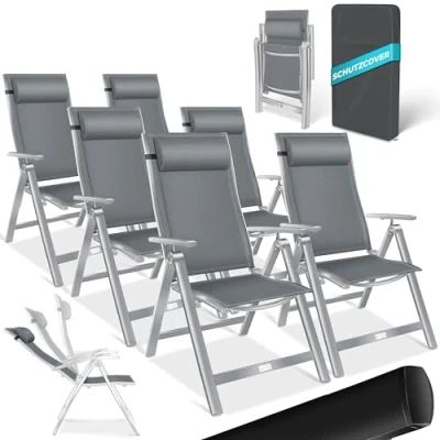Abbildung von KESSER® Gartenstuhl Hochlehner mit Armlehnen 6er Set Aluminium Klappstuhl Kopfkissen &amp; Cover Campingstuhl 7 Fach Verstellbar Rückenlehne Atmungsaktiv Wetterfest Klappbar Anti Rutsch Anthrazit