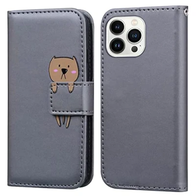Abbildung von Bartern Handyhülle für Apple iPhone 13 Pro,iPhone Pro Hülle,Karikatur Bärin PU Leder Klappbar Wallet Schutzhülle Tasche Klapphülle mit Magnetisch Kartenfach Standfunktion,Grau