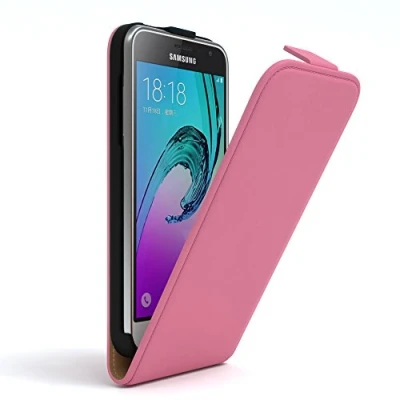 Abbildung von EAZY Case Hülle kompatibel mit Samsung Galaxy J3 (2016) Flip Cover zum Aufklappen, Handyhülle aufklappbar, Schutzhülle, Flipcover, Flipcase, Flipstyle vertikal klappbar, Kunstleder, Rosa
