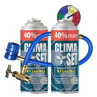 Abbildung von ClimaSet R134a kältemittel Ersatzgas Kühlmittel Klima Auto Gasflasche 2x235 g Klimaanlage Nachfüllset Wohnmobil schlauch Manometer ECO