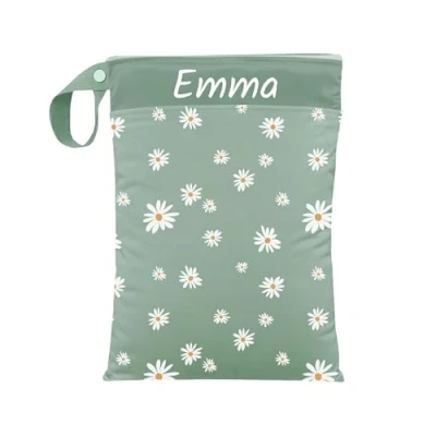 Abbildung von Nasstasche für Kita Wechselwäsche, Wasserdicht, Waschbar, mit Reißverschluss, Personalisierbar, Name, Kindergarten, Strand, Sport (Daisies)