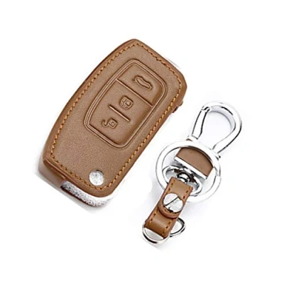 Abbildung von Wondder Leder Autoschlüssel Hüllen Autoschlüsselanhänger für Ford Fiesta Focus 2 MK2 Ecosport Kuga Escape 3 Tasten Smart Fob Schlüssel (Braun)