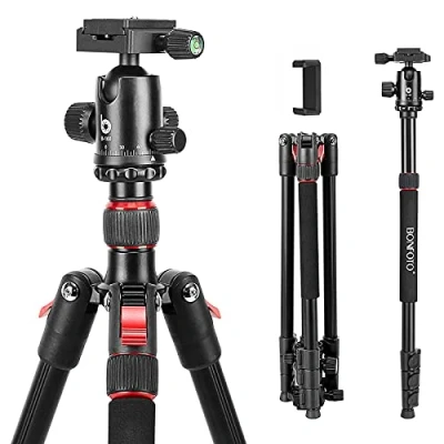 Abbildung von BONFOTO B168 Kamera Stativ Einbeinstativ, 178cm Kompakt Aluminiumlegierung Reisestativ mit Handy Halterung, Kugelkopf und Stativtasche