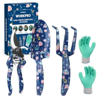 Abbildung von WORKPRO Gartenwerkzeug Set 4 tlg., Gartengeräte mit Geschenkverpackung, Gartenschaufel Gartenschere Gartenkralle Handschuhe, Geschenke für Gärtnerinnen und Gärtner, Gartengeschenk blau