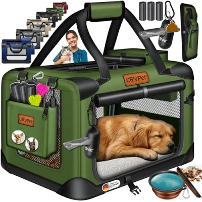 Abbildung von Lovpet® Transportbox Hund Katze Transporttasche XXXL 102x69x69cm Hunde Tragetasche Faltbare Katzentasche Haustier inkl. Hundenapf &amp; Schultergurt für Katzen Khaki