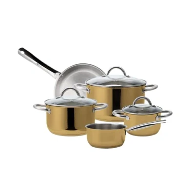 Abbildung von ECHTWERK Topf Set &quot;Gold Edition&quot;, Edelstahl 18/8, (Set, 8 tlg., je 1 Kochtopf 16/20/24 cm, Kasserolle 16 Bratpfanne 24 cm), für alle Herdarten geeignet, Induktion