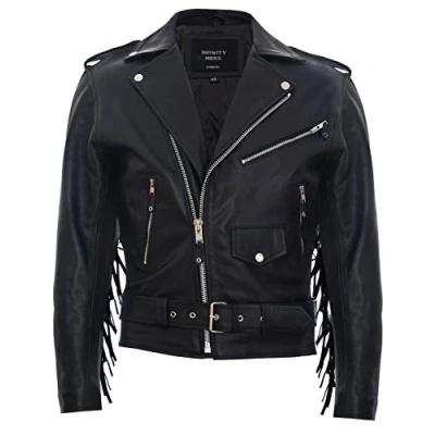 Abbildung von Infinity Leather Herren Fringe Kuhfell Leder Brando Schwarz Tassled Motorradjacke 4XL