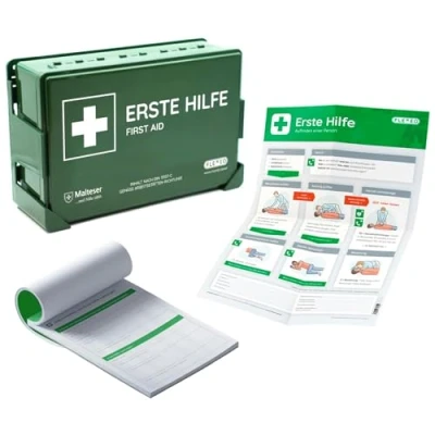 Abbildung von Betriebsverbandkasten nach Neuer DIN 13157:2021 mit Wandhalterung gemäß ASR Verbandskasten Erste Hilfe Kasten FLEXEO Koffer für Betriebe Wandmontage First aid (Komplettpaket Basic Plus)