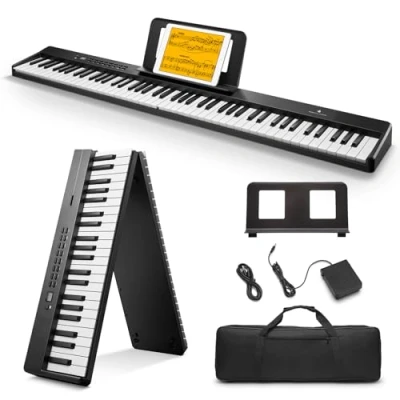 Abbildung von Donner DP 10 Tragbare Klaviertastatur 88 Tasten für Anfänger, Bluetooth faltbare Piano mit 128 Rhythmen, Akkord, Schallplatte, faltbares Digital Bundle Pedal, Klaviertasche, Schwarz