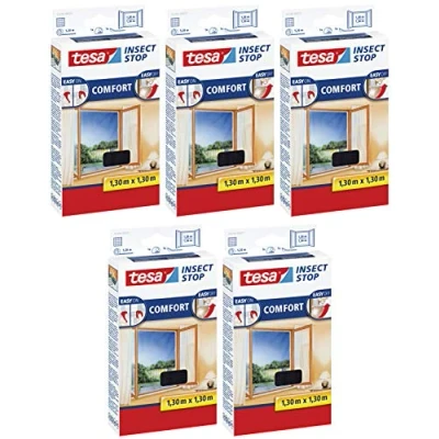 Abbildung von tesa Insect Stop Comfort Fliegengitter Fenster Insektenschutz mit Klettband selbstklebend Fliegen Netz ohne Bohren (5er Pack /130 cm x 130 cm, Anthrazit (Durchsichtig))