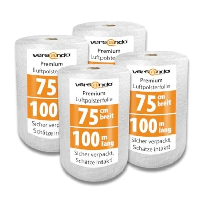 Abbildung von versando 4x Premium Luftpolsterfolie 100m x 0,75m Versand, Verpackung, Umzug Noppenfolie Bubble Wrap LPF Rolle