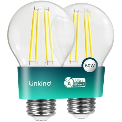 Abbildung von Linkind Ultraeffiziente E27 Lampe Vintage, 3,8W=60W, 2700K Warmweiß mit Energie Klasse A, Filament A60 Edison 806 Lm, 320Abstrahlwinkel, Klar, 2 Stück