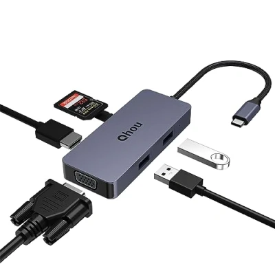 Abbildung von USB C Hub von Qhou mit 4K HDMI und VGA Dual Monitor Unterstützung, 2.0, SD/TF Kartenleser, Dock für MacBook Pro/Air, Dell/HP/Lenovo