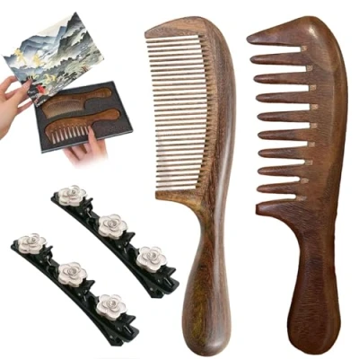 Abbildung von Walnut Wood Hair Comb, 2Pcs Wooden Brush and Anti Static Comb with Handle (1PCS)