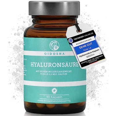 Abbildung von QIDOSHA® Premium Hyaluronsäure Kapseln, TESTSIEGER 07/23*, hohes Molekulargewicht von 1,5 2 Mio. Dalton (marktüblich: 0,5 Mio.), 250mg/Kapsel, 90 Stk/Apothekerglas, vegan, natürlich aus Fermentation