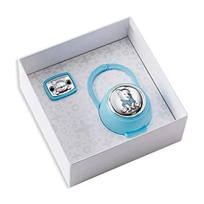 Abbildung von VALENTI &amp; CO. Disney Schnuller Clip, Schnullerkette mit Box aus Silber Details Winnie The Pooh Ideal als Geschenk zur Geburt oder Taufe, Himmelblau, One Size