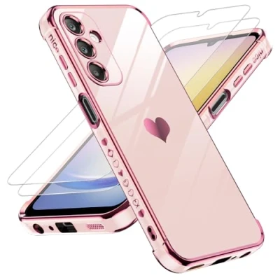 Abbildung von LeYi Hülle für Samsung Galaxy A25 5G Handyhülle mit 2*Schutzfolie, Cute Herz Muster TPU Silikon Galvanik Stoßfest Schutzhülle Cover Case, Kameraschutz Kratzfest A 25 Rosa