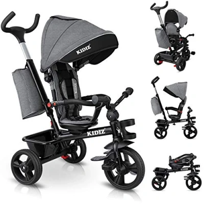 Abbildung von KIDIZ® Dreirad 5in1 Kinderdreirad mit Schubstange Lenksystem Stange ab 1 Jahr, Jogger vorwärts und Rückwärtsfahrt,Korb Tasche Getränkehalter Sonnendach Gummiräder Buggy Fahrrad Baby Klappbar, Grau