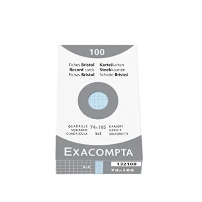 Abbildung von Exacompta 13210B Packung (mit 100 Karteikarten, ungelocht, DIN A7, 7,4 x 10,5 cm, kariert, ideal für die Schule) 1er Pack blau