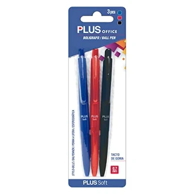 Abbildung von Plus Office Soft Pack mit 3 einziehbaren Kugelschreibern, ultraweiches Schreiben und Gefühl, flüssige Tinte, optimal für Büro, Zuhause Schule, Blau, Rot, Schwarz