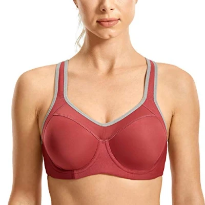 Abbildung von SYROKAN Damen Sport BH Starker Halt Bügel Push Up Ringerrücken Gepolstert Fitness Bräunlichrot 75B