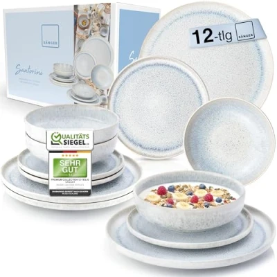 Abbildung von SÄNGER Tafelservice Santorini Geschirrset (12 tlg), 4 Personen, Steingut, Cremefarben mit Flieder Blauem Verlauf, Premium Collection, Handmade
