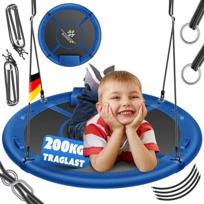 Abbildung von KESSER® Nestschaukel Tellerschaukel Hängeschaukel Rundschaukel Ø 60cm Schaukel bis 200kg belastbar mit Kissen &amp; 4 Griffen verstellbar Kinderschaukel Indoor Outdoor für Kinder Erwachsene Blau
