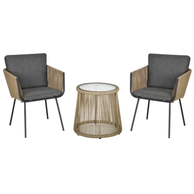 Abbildung von Outsunny 3 TLG. Rattan Gartenmöbel Set, Sitzgruppe, Gartengarnitur mit 2 Gartenstühle Sitz , Rückenkissen, Beistelltisch Hartglasplatte, für Balkon, Stahl, Grau