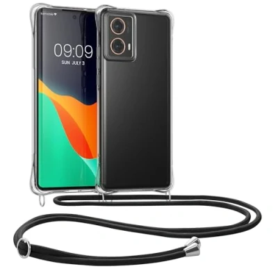 Abbildung von kwmobile Necklace Case kompatibel mit Motorola Moto G85 5G Hülle Silikon Cover Handykette Band Handyhülle Transparent Schwarz