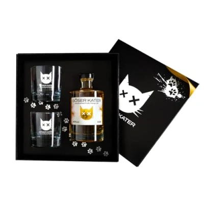 Abbildung von Böser Kater Fruity Mango Gin Geschenkset mit 2 Gläsern, das perfekte Geschenk in hochwertiger Box, 0,5l 40% Vol.