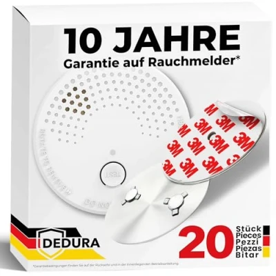 Abbildung von Rauchmelder mit Magnethalterung 20er Set ohne Bohren und Schrauben 10 Jahre Garantie extra starken Klebepads