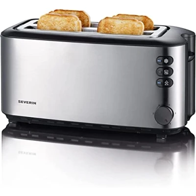 Abbildung von SEVERIN Doppel Langschlitztoaster mit eingebautem Brötchen Aufsatz, für 4 Brotscheiben, Brotscheibenzentrierung, Aufwärm und Defroster Stufe, Edelstahl gebürstet, schwarz, 1.400 W, AT 2509