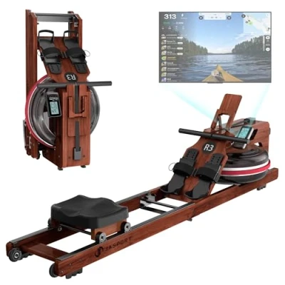 Abbildung von JASPORT Rudergerät R3 (aus Eiche, Klappbares Rudermaschine, 28L Wassertank), mit Trainingscomputer (Kinomap kompatibel) &amp; Tablethalterung