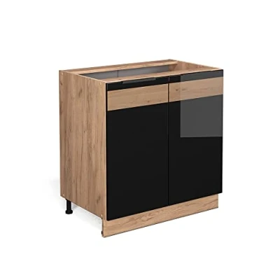 Abbildung von Vicco Spülenunterschrank Fame Line, Schwarz Hochglanz/Eiche, 80cm mit Regal ohne Arbeitsplatte