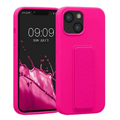 Abbildung von kwmobile Handyhülle kompatibel mit Apple iPhone 13 Mini Hülle Fingerhalter und Standfunktion Silikon Case Handy Cover in Neon Pink