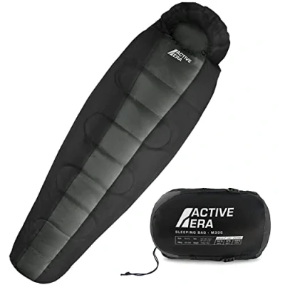 Abbildung von Active Era Mumienschlafsack Schlafsack Winter und Sommer, 10C bis Wasserabweisend Windschutz Ultraleicht Outdoor Campen Kleines Packmaß Schwarz