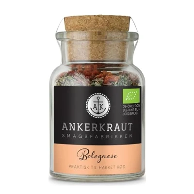 Abbildung von Ankerkraut bolognese krydderi til italiensk spaghetti og lasagne, med oregano basilikum, 90g i glas korklåg