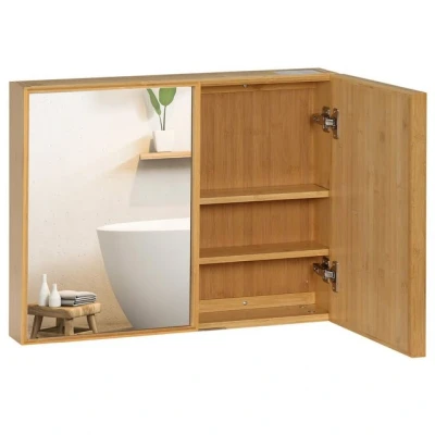Abbildung von Kleankin Spiegelschrank Wandschrank mit 3 Innenböden, Badspiegelschrank Doppeltür (Badezimmerschrank Spiegel, 1 St., Hängeschrank) Bambus, Natur, 65,2 x 14 50 cm