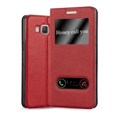 Abbildung von Cadorabo Hülle kompatibel mit Samsung Galaxy A5 2015 Sichtfenster aus Kunst Leder Flip Klappbare Stoßfeste Magnetische [Standfunktion] [Kartenfächern] Cover für Tasche in Rot