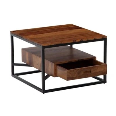 Abbildung von FineBuy Couchtisch 60x60x40 cm Sheesham Massivholz/Metall Sofatisch Quadratisch, Design Wohnzimmertisch Kaffeetisch Massiv mit Schublade, Kleiner Tisch Beistelltisch Wohnzimmer Modern