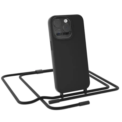 Abbildung von EAZY CASE Handykette kompatibel mit iPhone 15 Pro dünne Handyhülle für Hülle Band als Fallschutz Kette zum Umhängen stoßeste Silikon Mikrofaser in Schwarz