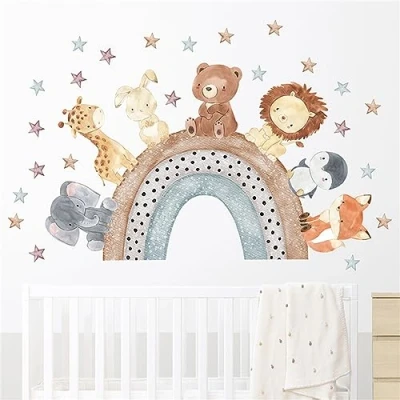 Abbildung von Wandtattoo Regenbogen Kinderzimmer Wandaufkleber Tiere Elefant Giraffe Löwe Wandsticker DIY Selbstklebend Wanddeko Aufkleber für Kinder Babyzimmer Schlafzimmer (BR66439)