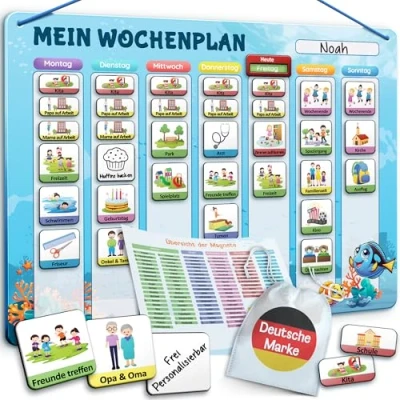Abbildung von LIKARTO Wochenplaner Kinder [DAS ORIGINAL] Montessori Magnettafel inkl. 194 Magnete &amp; Magnetischer Rückseite Aufgabentafel Lernhilfe zur Selbstständigkeit Wochenplanung Blau
