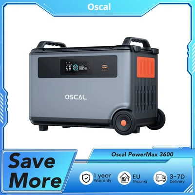 Abbildung von OSCAL Stromerzeuger PowerMax 3600, 3600Wh bis 57600Wh LiFePO4 Akku, 14 Ausgänge, 5 LED Lichtmodi