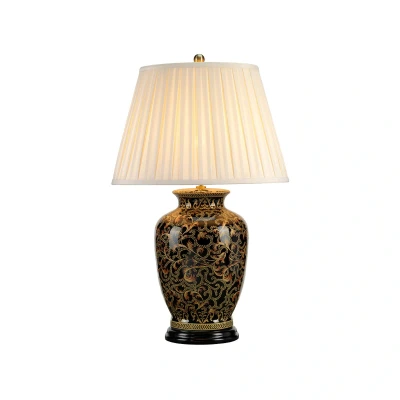 Abbildung von Elstead Lighting MORRIS TL LARGE Tischleuchte 1xE27 60W Porzellan Gold / Schwarz, Polycotton Sahne H:73cm Ø46cm